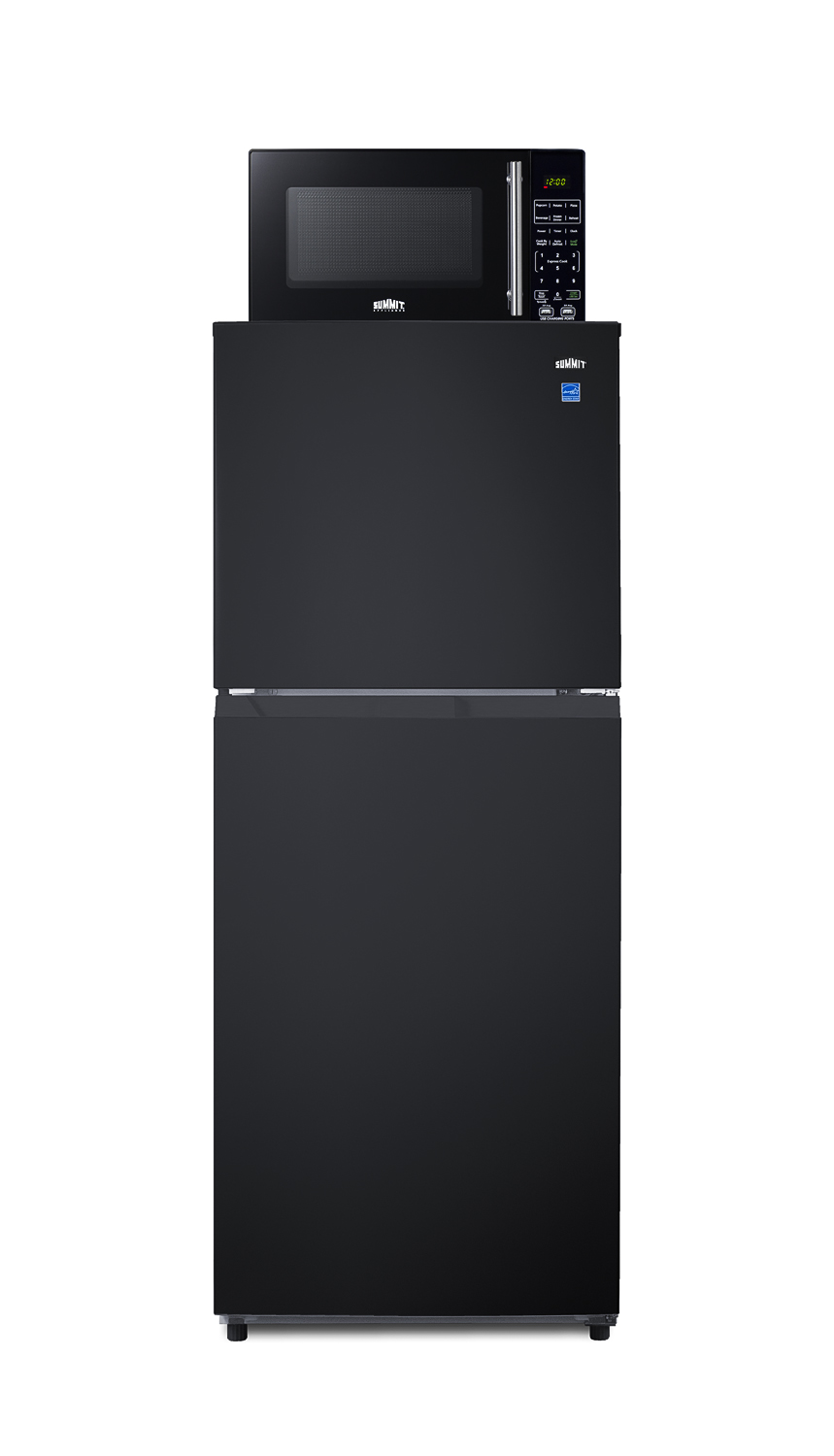 Frost-free 10.1 cu.ft. refrigerator-freezer and compact microwave in black with allocator and USB ports for 1-plug operation; ships in three boxes on one pallet